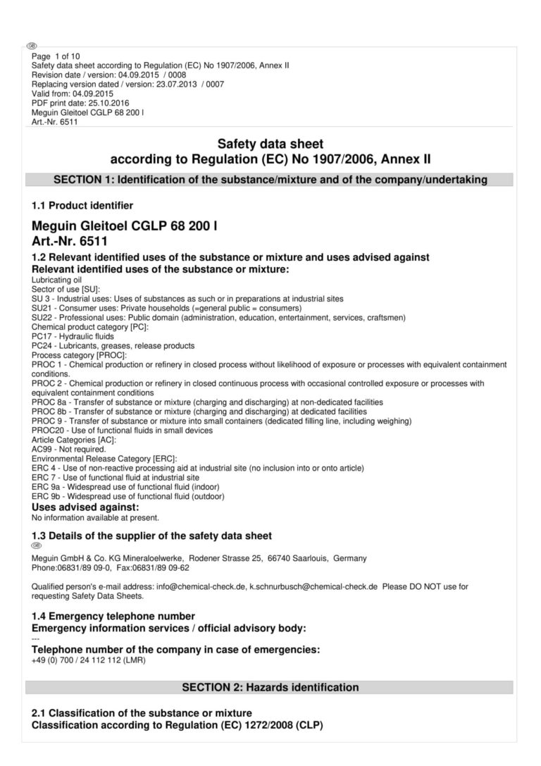 Lubricant 14 Safety data sheet Gruetzner